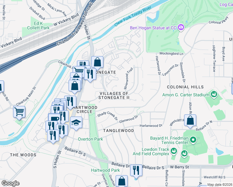 map of restaurants, bars, coffee shops, grocery stores, and more near 2845 Manorwood Trail in Fort Worth