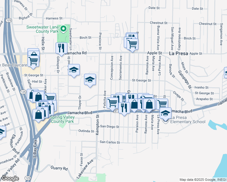 map of restaurants, bars, coffee shops, grocery stores, and more near 723 Concepcion Avenue in Spring Valley