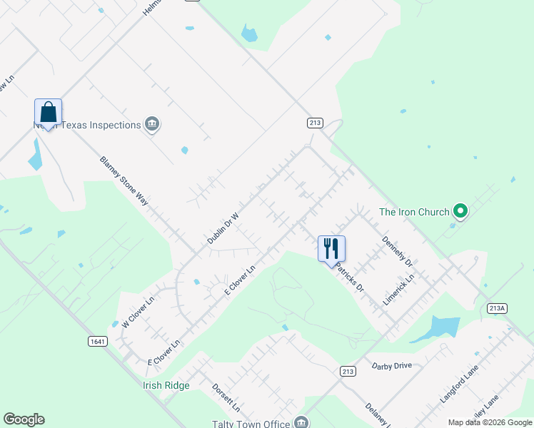 map of restaurants, bars, coffee shops, grocery stores, and more near 10066 Irish Ridge Street in Forney