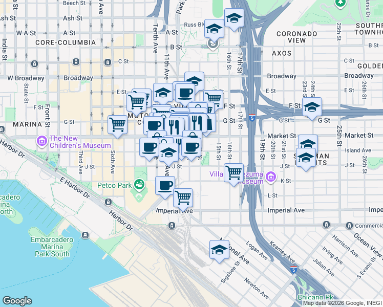 map of restaurants, bars, coffee shops, grocery stores, and more near 453 13th Street in San Diego