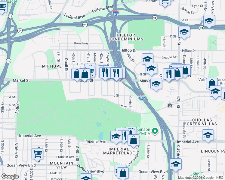 map of restaurants, bars, coffee shops, grocery stores, and more near 447 Toyne Street in San Diego