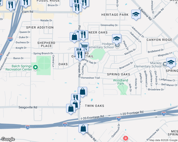 map of restaurants, bars, coffee shops, grocery stores, and more near 14001 Cimarron Drive in Balch Springs