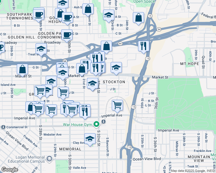 map of restaurants, bars, coffee shops, grocery stores, and more near 425 Bancroft Street in San Diego