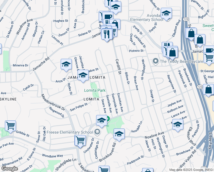 map of restaurants, bars, coffee shops, grocery stores, and more near 568 Sawtelle Avenue in San Diego