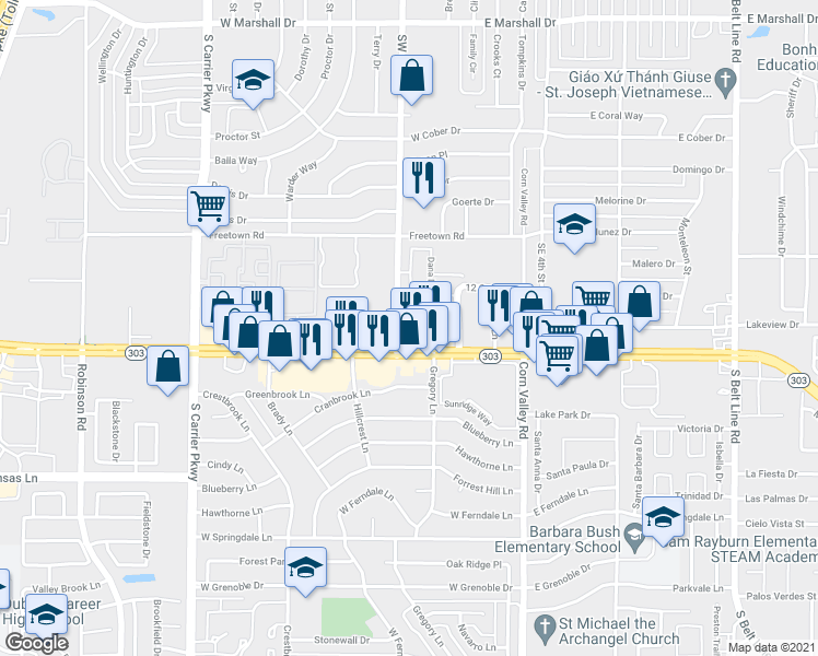 map of restaurants, bars, coffee shops, grocery stores, and more near 2345 Southwest 3rd Street in Grand Prairie