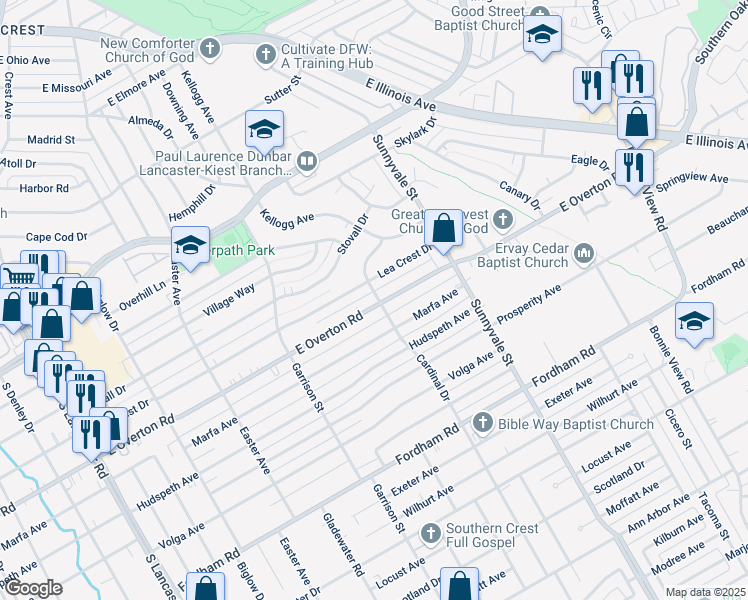 map of restaurants, bars, coffee shops, grocery stores, and more near 2555 East Overton Road in Dallas