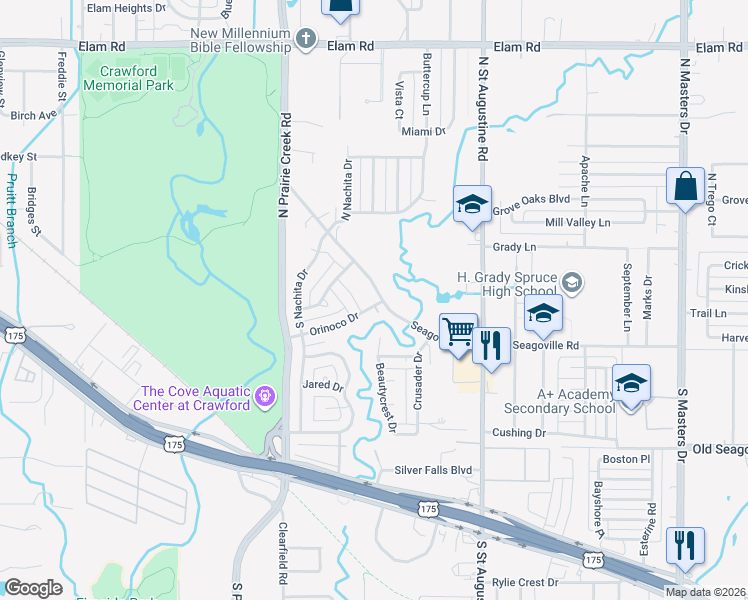 map of restaurants, bars, coffee shops, grocery stores, and more near 179 South Seagoville Road in Dallas
