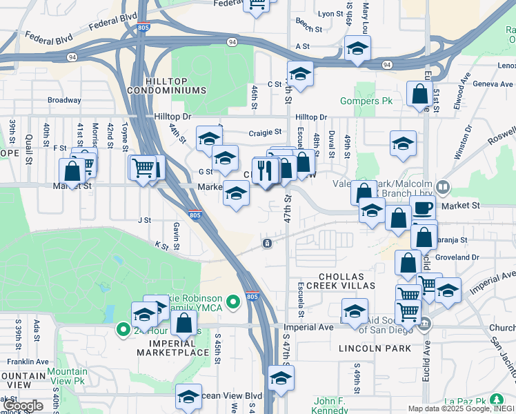 map of restaurants, bars, coffee shops, grocery stores, and more near 4571 Hartley Street in San Diego
