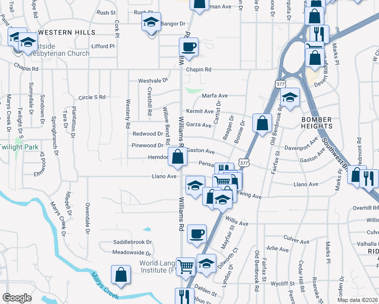 map of restaurants, bars, coffee shops, grocery stores, and more near 7829 Gaston Avenue in Fort Worth