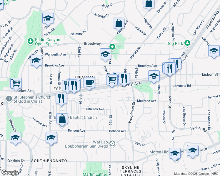 map of restaurants, bars, coffee shops, grocery stores, and more near 6493 Imperial Avenue in San Diego
