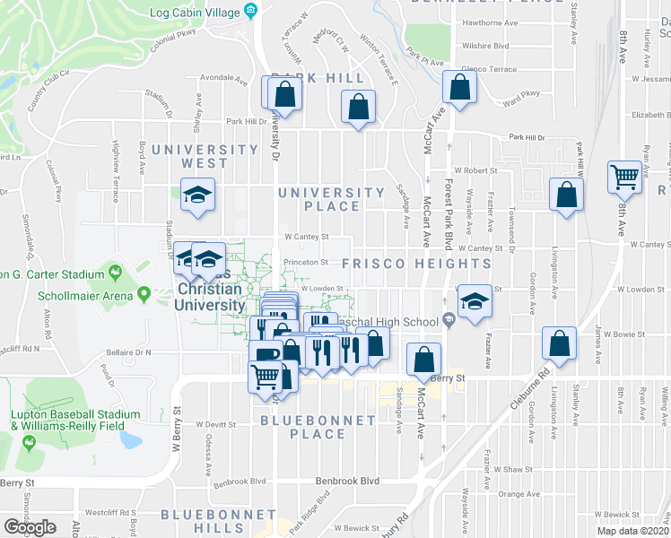 map of restaurants, bars, coffee shops, grocery stores, and more near 2809 Princeton Street in Fort Worth