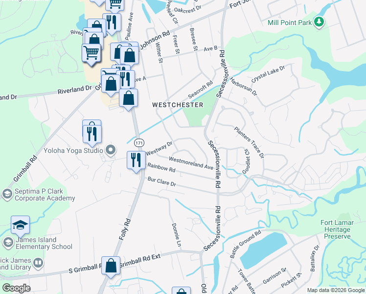 map of restaurants, bars, coffee shops, grocery stores, and more near 1536 Westridge Circle in Charleston