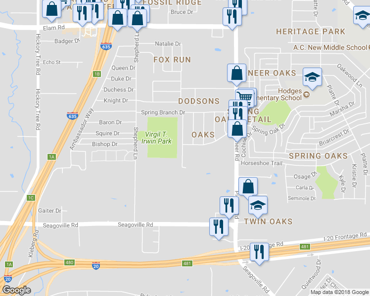 map of restaurants, bars, coffee shops, grocery stores, and more near 4400 Central Lane in Balch Springs