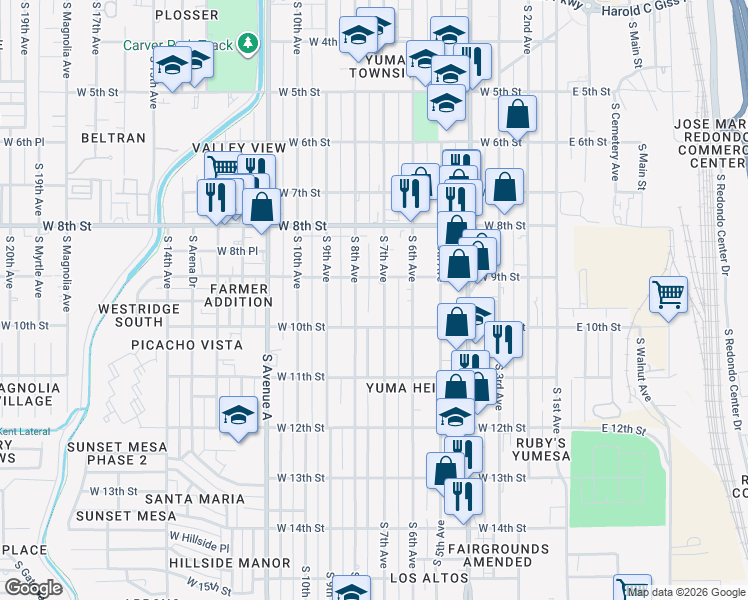 map of restaurants, bars, coffee shops, grocery stores, and more near 900-998 S 7th Ave in Yuma