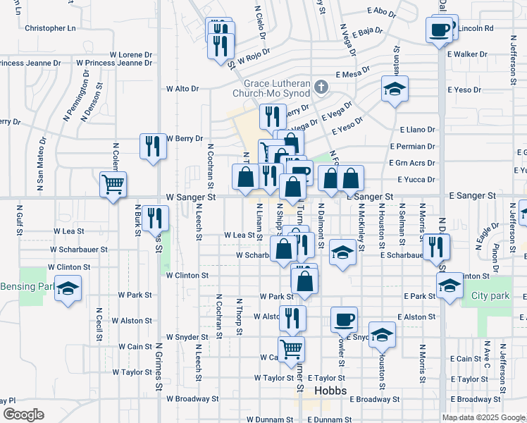 map of restaurants, bars, coffee shops, grocery stores, and more near 1000 North Linam Street in Hobbs