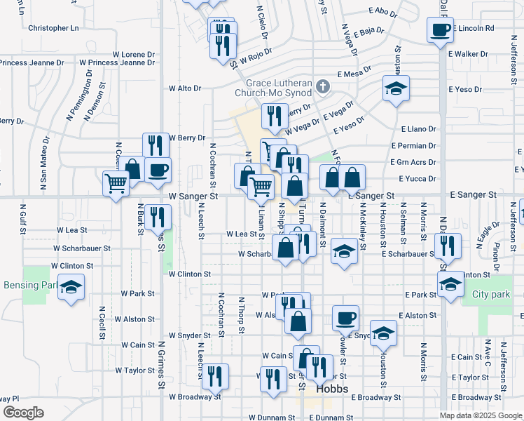 map of restaurants, bars, coffee shops, grocery stores, and more near 1000 North Linam Street in Hobbs
