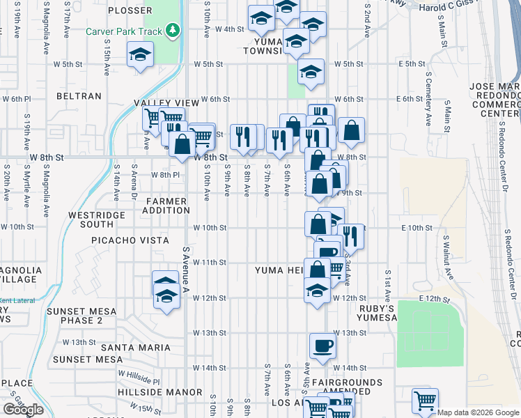 map of restaurants, bars, coffee shops, grocery stores, and more near 900-998 S 7th Ave in Yuma