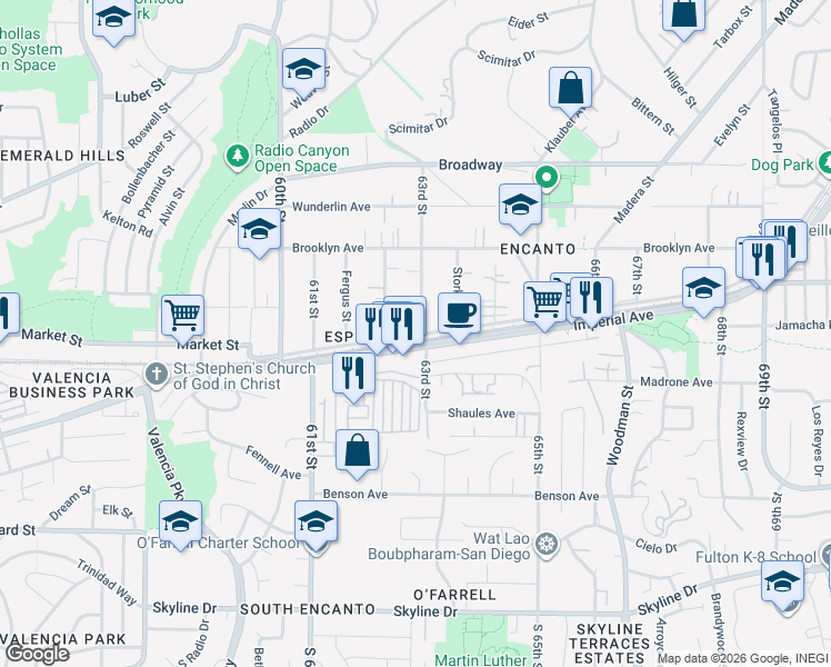 map of restaurants, bars, coffee shops, grocery stores, and more near in San Diego
