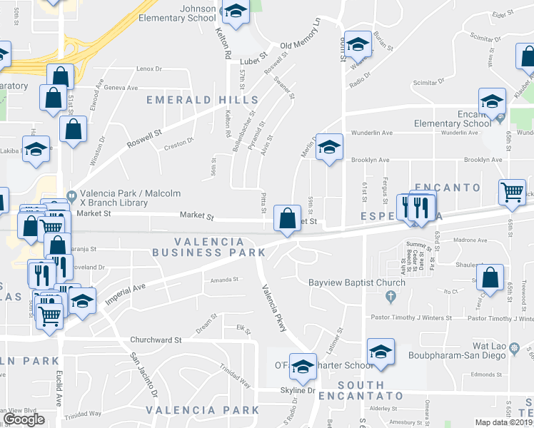 map of restaurants, bars, coffee shops, grocery stores, and more near 525 Radio Drive in San Diego