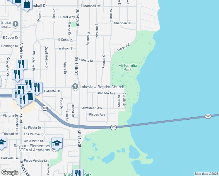 map of restaurants, bars, coffee shops, grocery stores, and more near 1721 Lakeview Drive in Grand Prairie