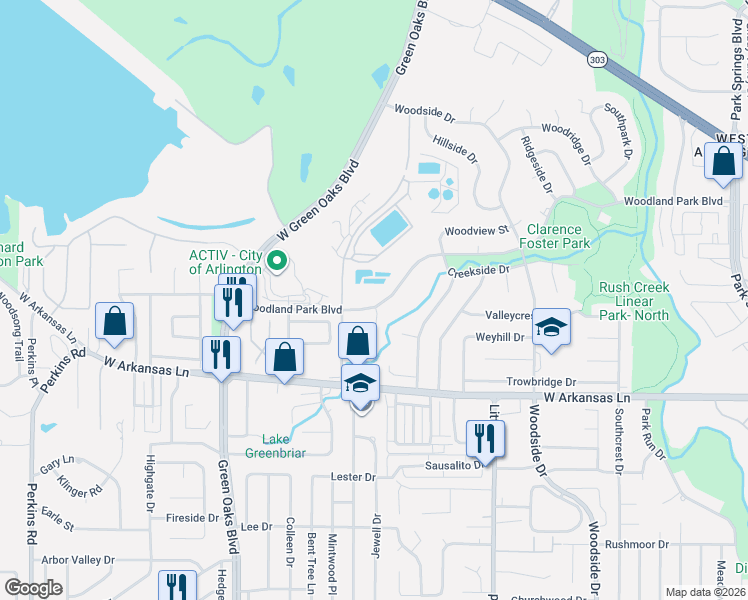 map of restaurants, bars, coffee shops, grocery stores, and more near 5017 Woodland Park Boulevard in Arlington