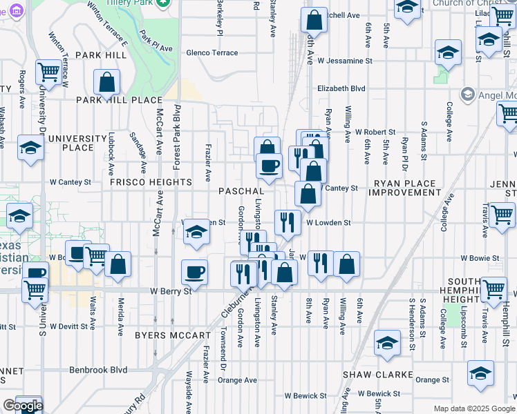 map of restaurants, bars, coffee shops, grocery stores, and more near 2817 Livingston Avenue in Fort Worth