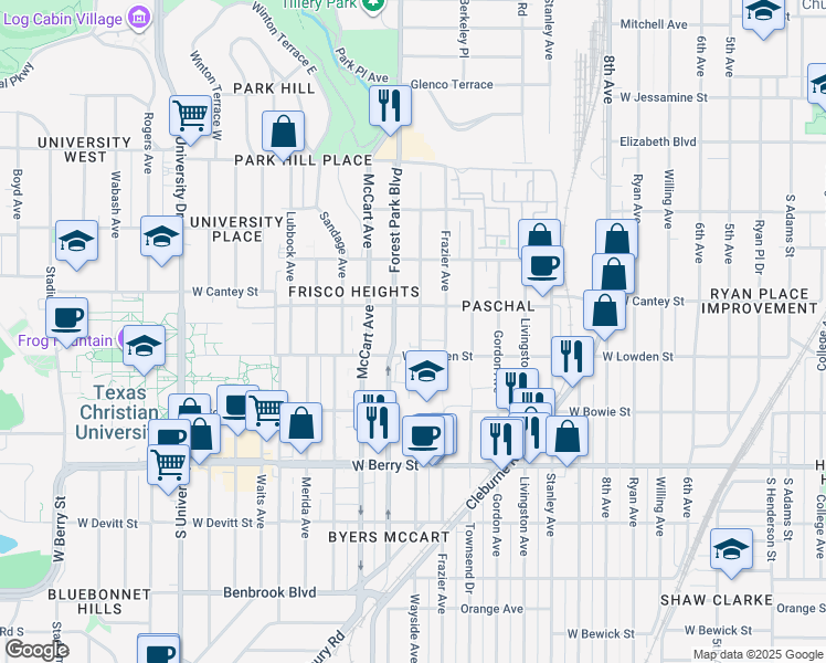 map of restaurants, bars, coffee shops, grocery stores, and more near 2816 Wayside Avenue in Fort Worth