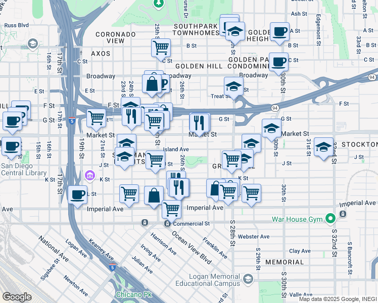 map of restaurants, bars, coffee shops, grocery stores, and more near 2627 Island Avenue in San Diego