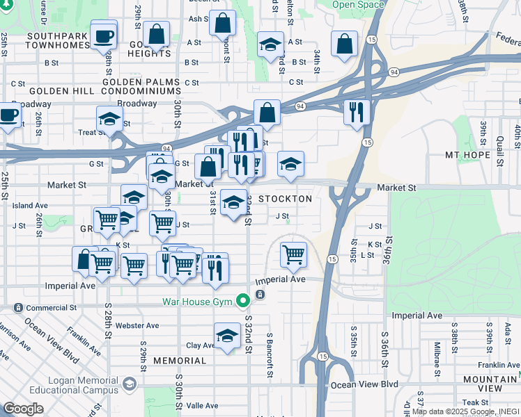map of restaurants, bars, coffee shops, grocery stores, and more near 3225 Island Avenue in San Diego