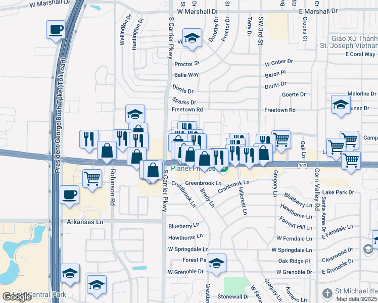 map of restaurants, bars, coffee shops, grocery stores, and more near 692 West Pioneer Parkway in Grand Prairie
