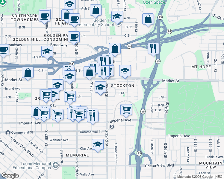 map of restaurants, bars, coffee shops, grocery stores, and more near 3225 Island Avenue in San Diego