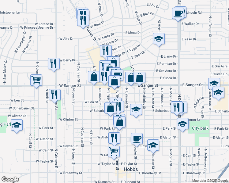 map of restaurants, bars, coffee shops, grocery stores, and more near 1001 North Turner Street in Hobbs
