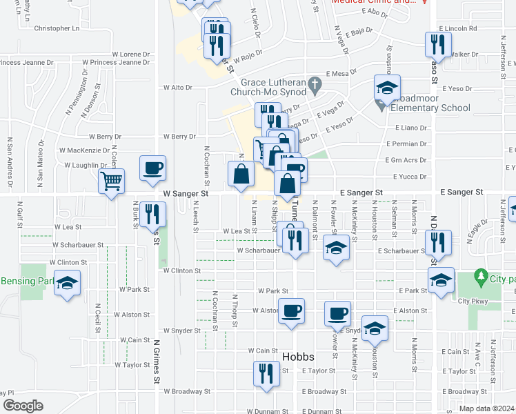 map of restaurants, bars, coffee shops, grocery stores, and more near 1000 North Linam Street in Hobbs
