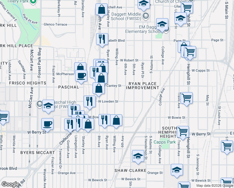 map of restaurants, bars, coffee shops, grocery stores, and more near 2824 6th Avenue in Fort Worth