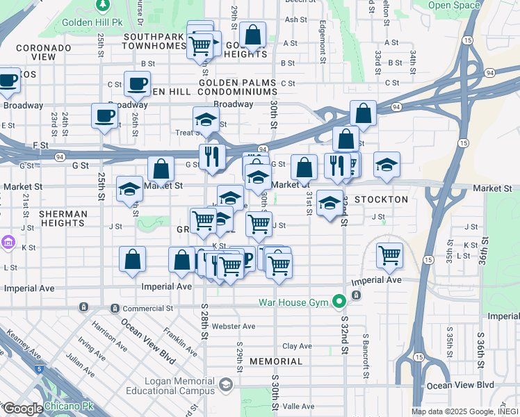map of restaurants, bars, coffee shops, grocery stores, and more near 446 30th Street in San Diego