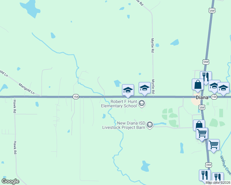 map of restaurants, bars, coffee shops, grocery stores, and more near 10949 Texas 154 in Diana