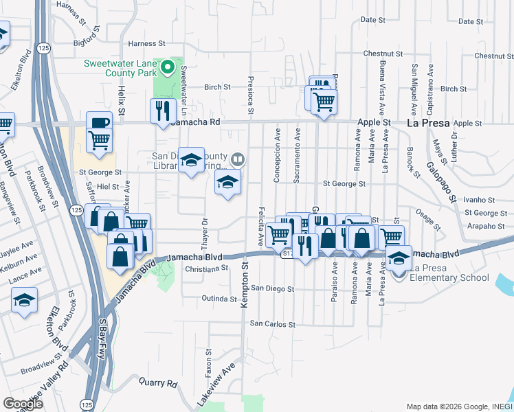 map of restaurants, bars, coffee shops, grocery stores, and more near 725 Kempton Street in Spring Valley