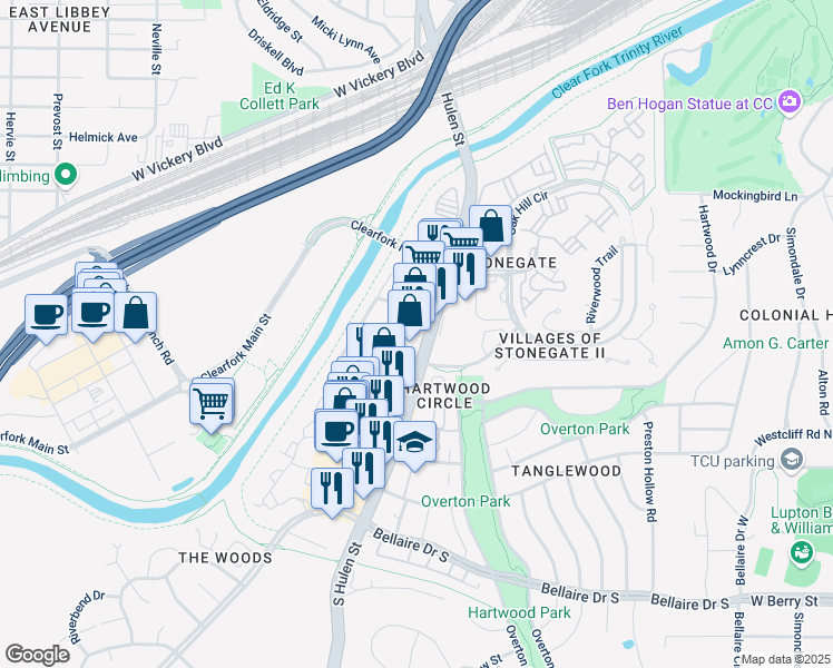 map of restaurants, bars, coffee shops, grocery stores, and more near 2820 S Hulen St in Fort Worth