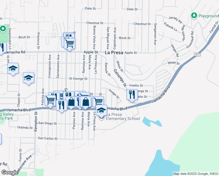 map of restaurants, bars, coffee shops, grocery stores, and more near 9636 Osage Street in Spring Valley