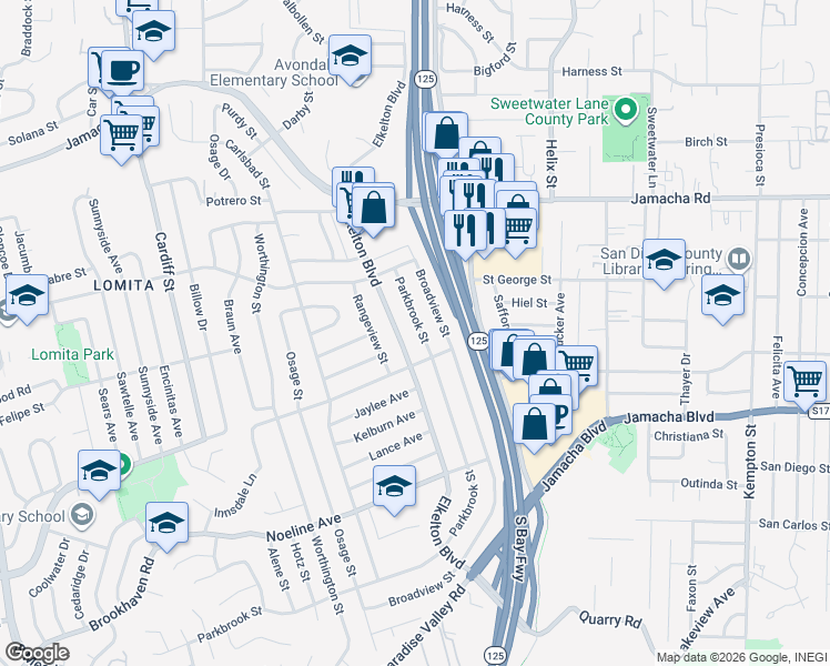 map of restaurants, bars, coffee shops, grocery stores, and more near 832 Parkbrook Street in Spring Valley