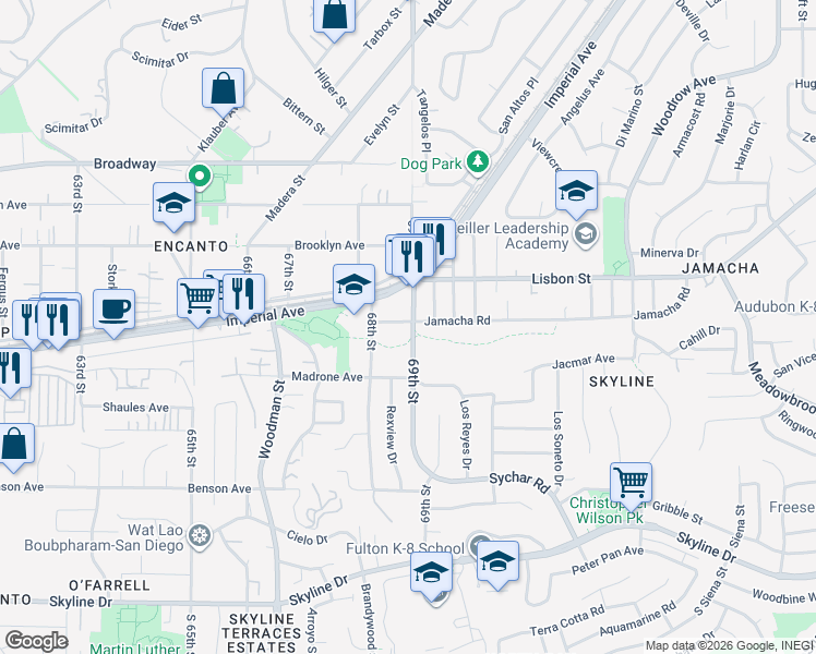 map of restaurants, bars, coffee shops, grocery stores, and more near 6865 Jamacha Road in San Diego
