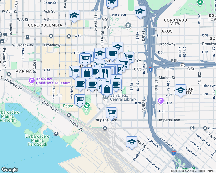 map of restaurants, bars, coffee shops, grocery stores, and more near Park Boulevard & Island Avenue in San Diego