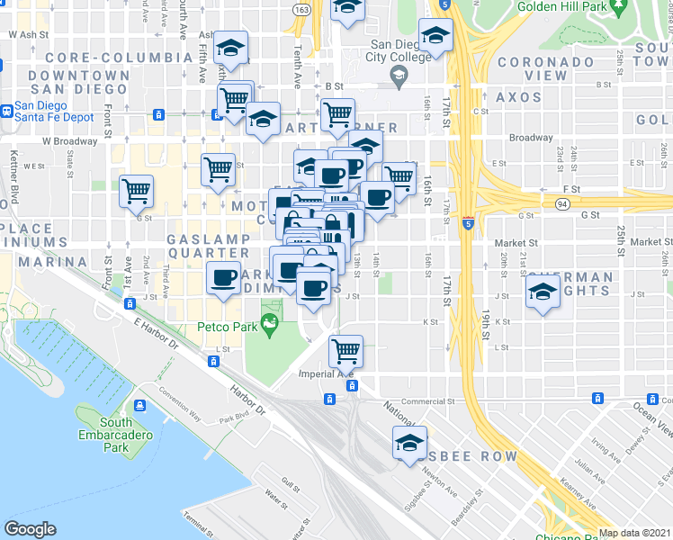map of restaurants, bars, coffee shops, grocery stores, and more near W 12th Ave & Island Ave in San Diego