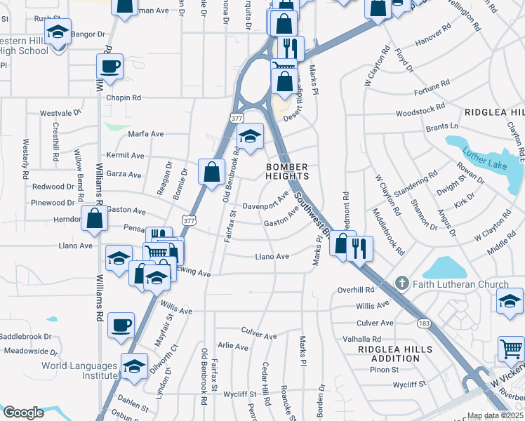 map of restaurants, bars, coffee shops, grocery stores, and more near 4101 Penrose Ave in Fort Worth