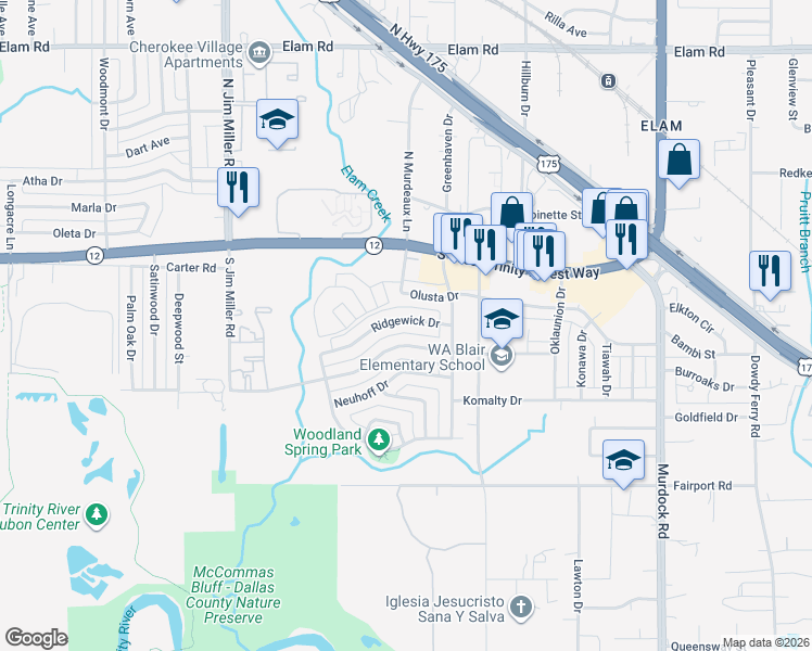 map of restaurants, bars, coffee shops, grocery stores, and more near 7506 Ridgewick Drive in Dallas