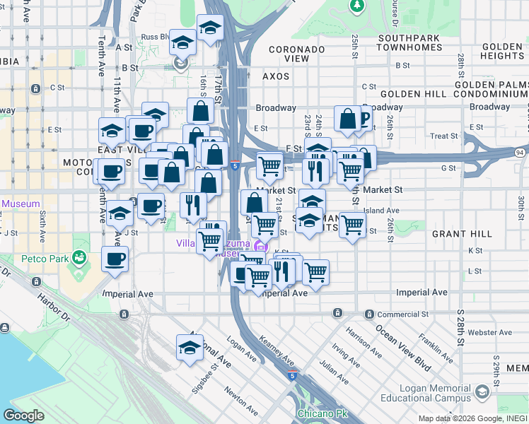 map of restaurants, bars, coffee shops, grocery stores, and more near Island Ave & 20th St in San Diego