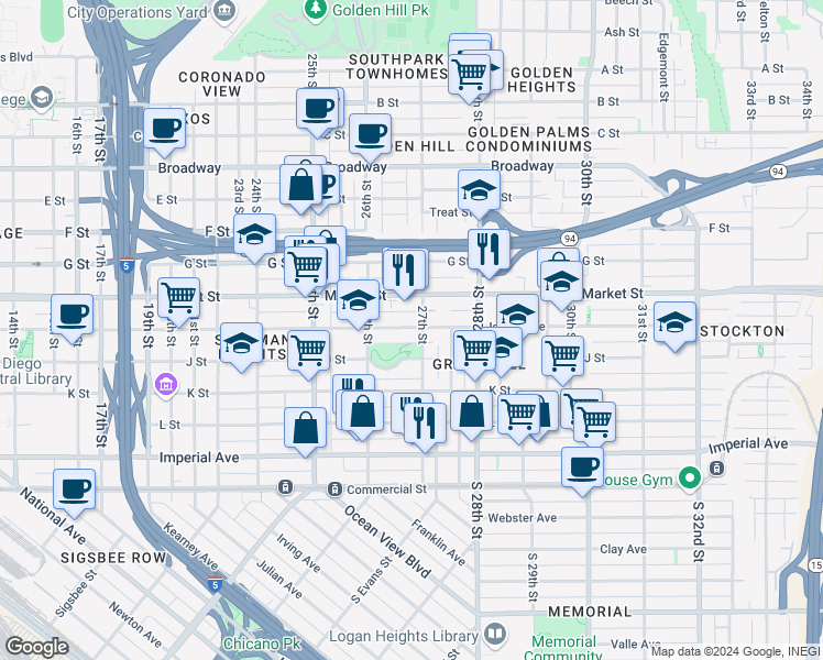 map of restaurants, bars, coffee shops, grocery stores, and more near 2675 Island Avenue in San Diego