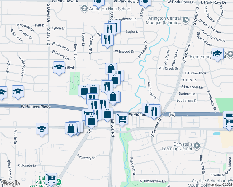 map of restaurants, bars, coffee shops, grocery stores, and more near 2025 South Cooper Street in Arlington