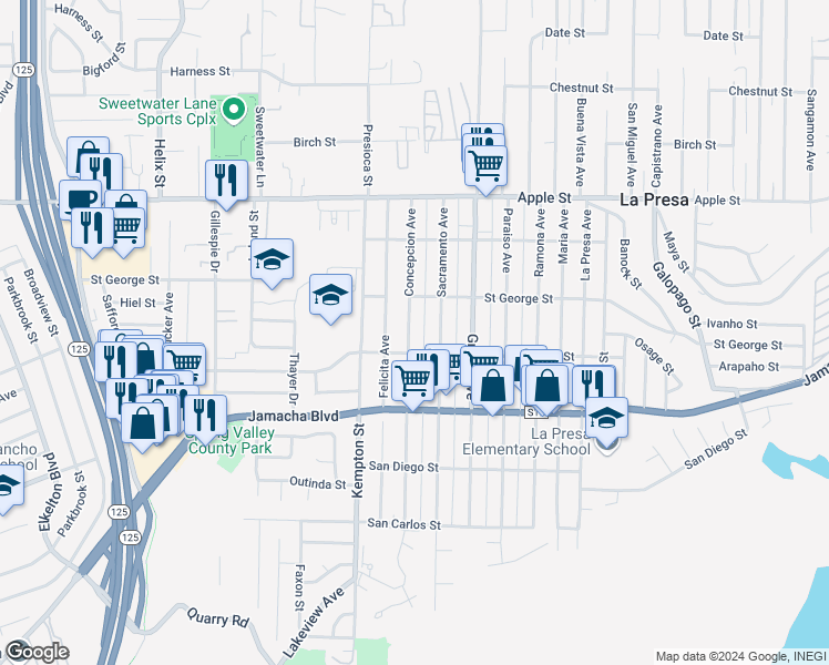 map of restaurants, bars, coffee shops, grocery stores, and more near 723 Concepcion Avenue in Spring Valley
