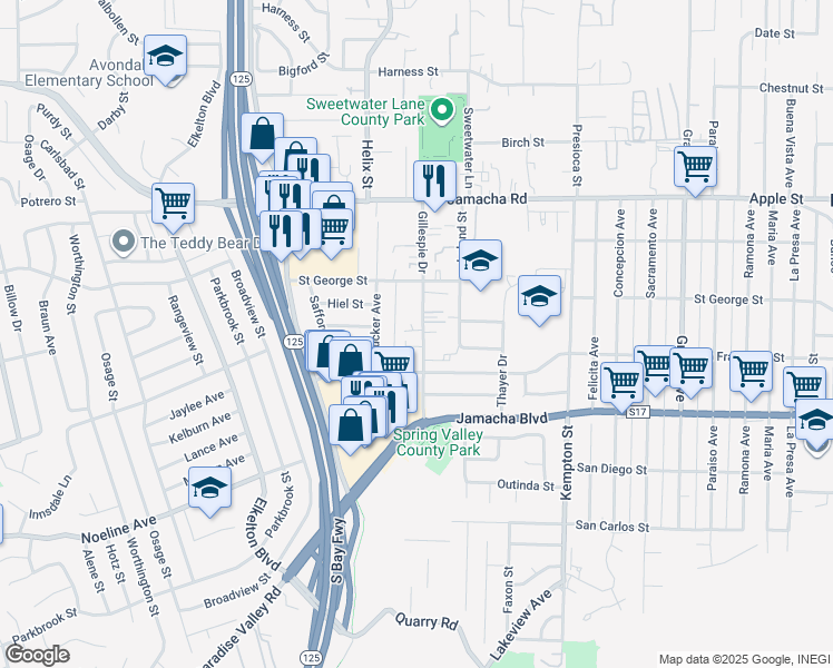 map of restaurants, bars, coffee shops, grocery stores, and more near 930 Gillespie Drive in Spring Valley